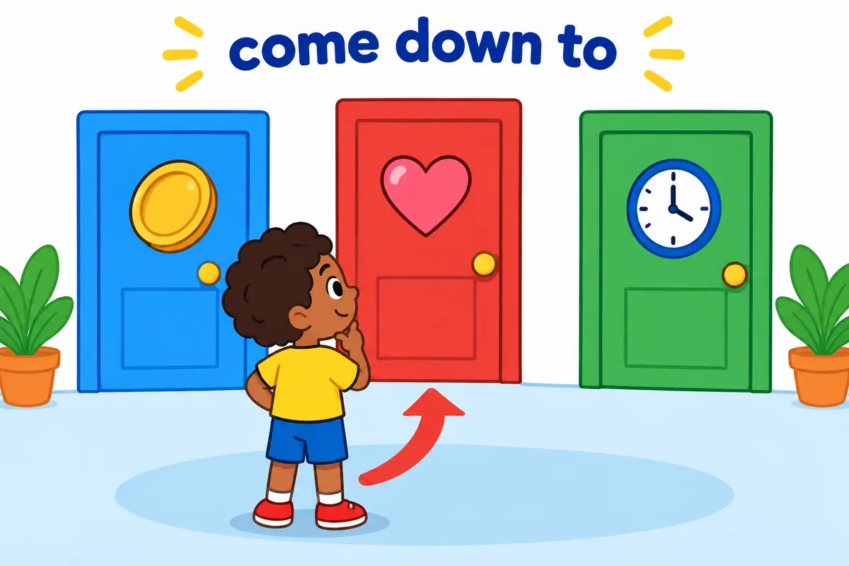 A cartoon child points to three doors labelled by simple shapes, showing that come down to means a matter of choice.