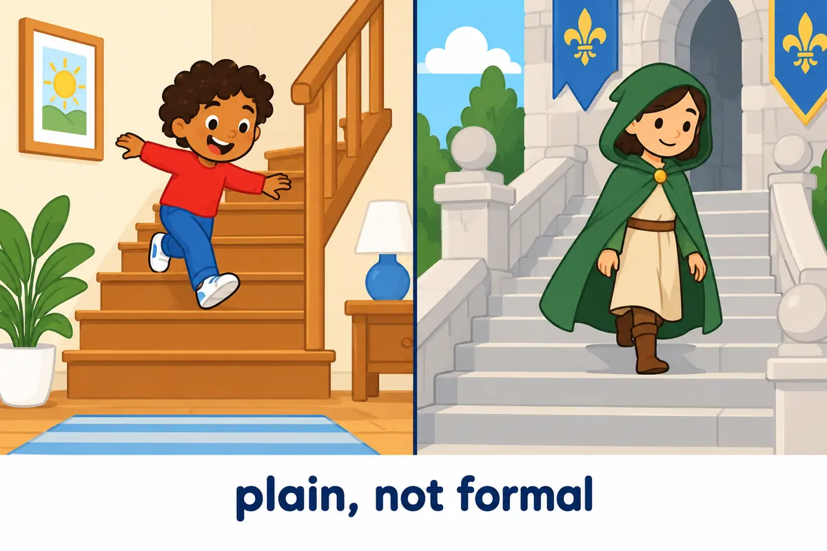 A cartoon split scene contrasts a child skipping downstairs with a knight descending a grand staircase slowly.