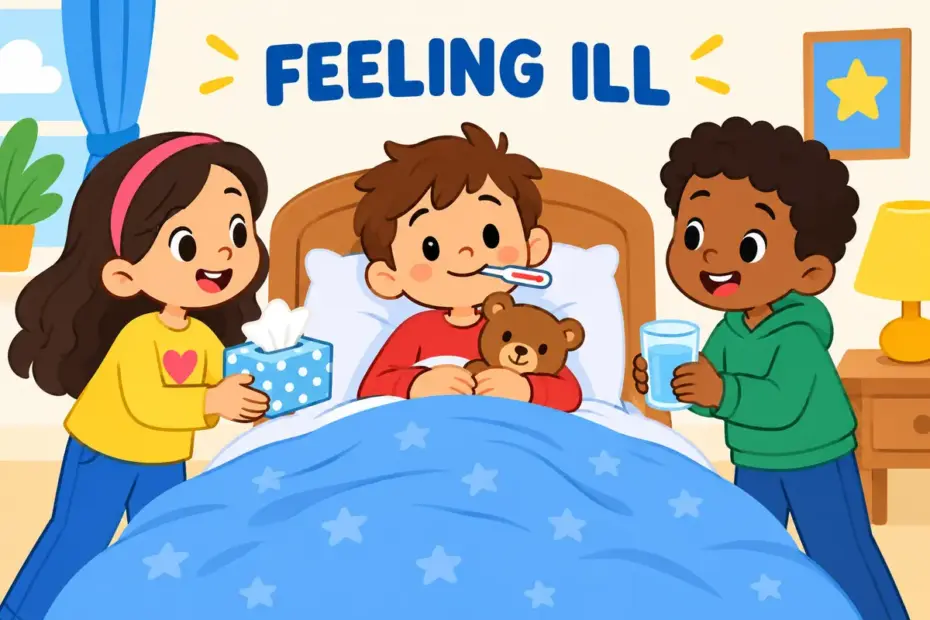 Cartoon children bring tissues to a friend in bed, showing come down with in a sentence as starting an illness.