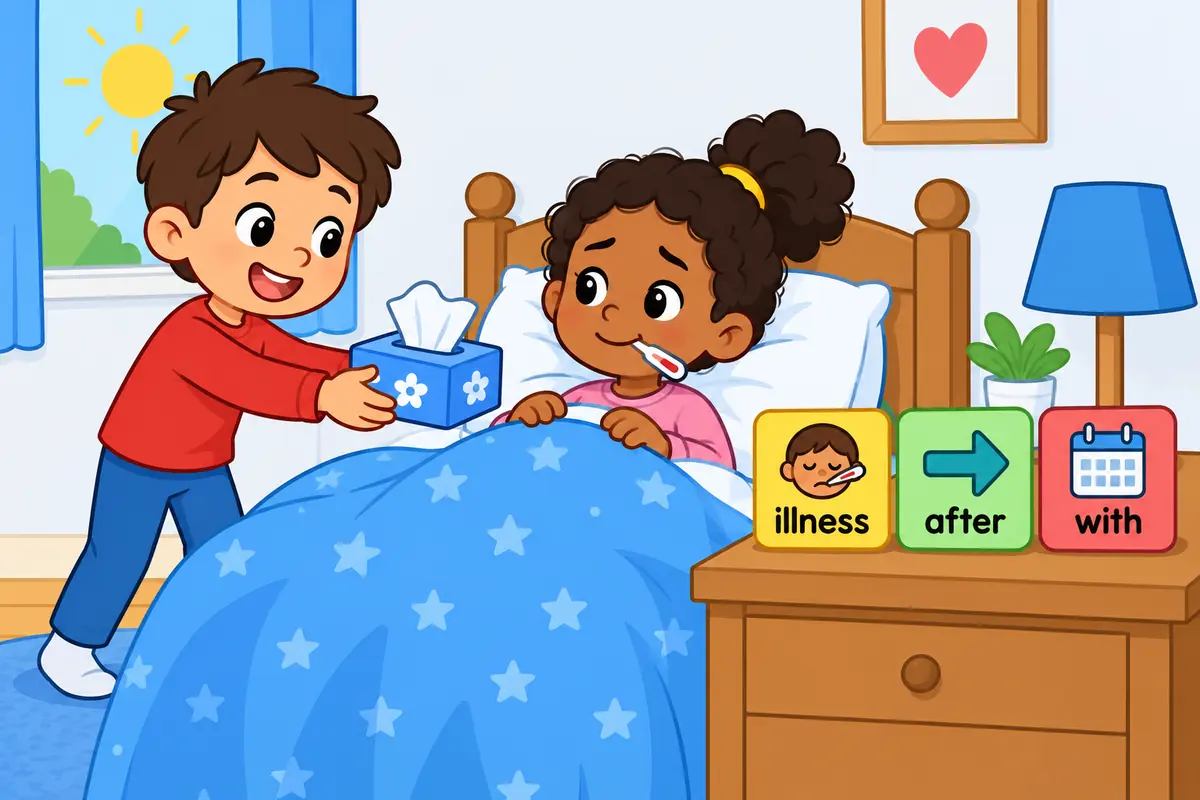 Cartoon children tuck a friend into bed while a label shows an illness word placed after with.