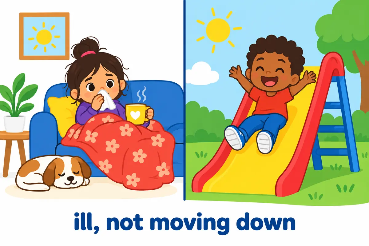 A cartoon split scene contrasts a child resting with a tissue beside a child sliding down a playground slide.