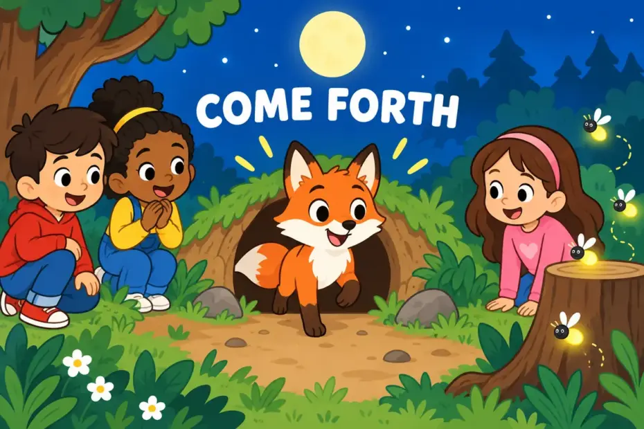 Cartoon animals step out of a burrow into moonlight, illustrating come forth in a sentence as emerging into view.