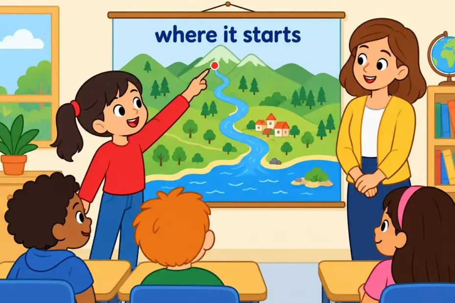 A cartoon child points to a map marker while a river flows from distant hills, showing come from in a sentence as naming an origin.