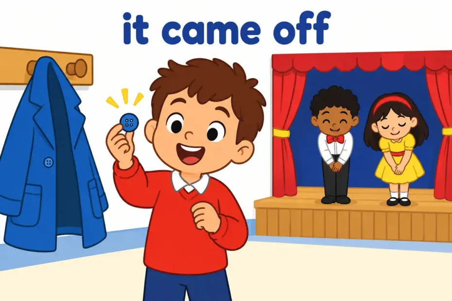 Cartoon child holds a loose coat button beside a finished school play, showing come off in a sentence as detaching and success.
