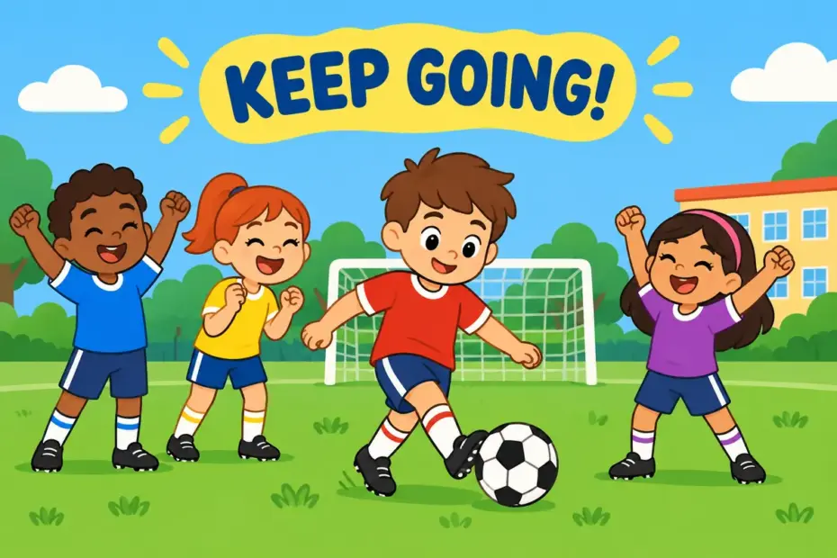 Cartoon children on a school field cheer a teammate about to kick a ball, illustrating come on in a sentence as encouragement to keep going.