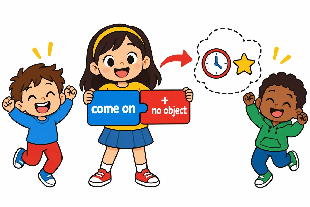 Three cartoon cards show that after the words come on there is no object slot, only a time or adverb tag.
