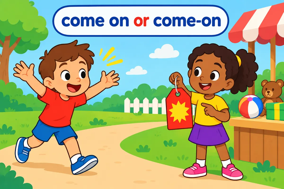 A single unified cartoon scene contrasts a child cheering with a child holding a shop tag, showing the verb come on and the noun come-on.