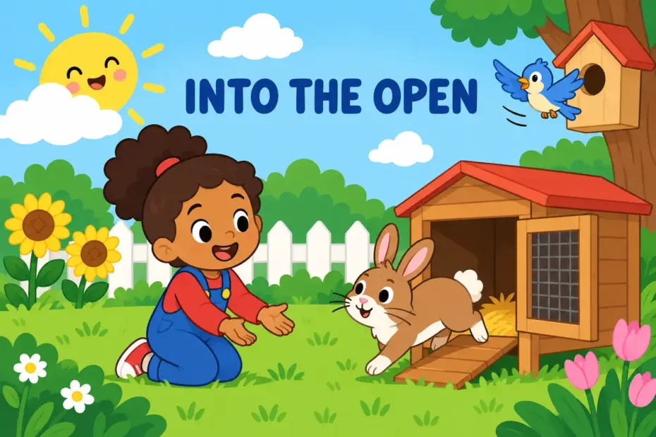 Cartoon children watch the sun and a rabbit emerge, illustrating come out in a sentence as moving into the open.