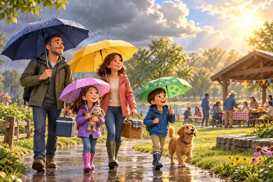 A family walks toward a community picnic with umbrellas as sunlight breaks through clouds.