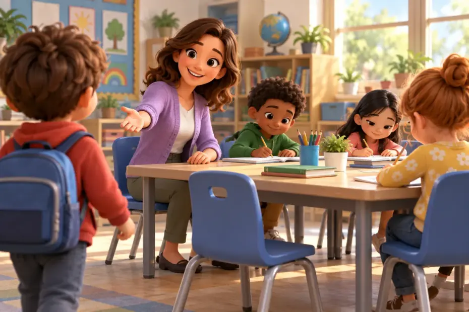 A teacher invites a child to come to the classroom table.