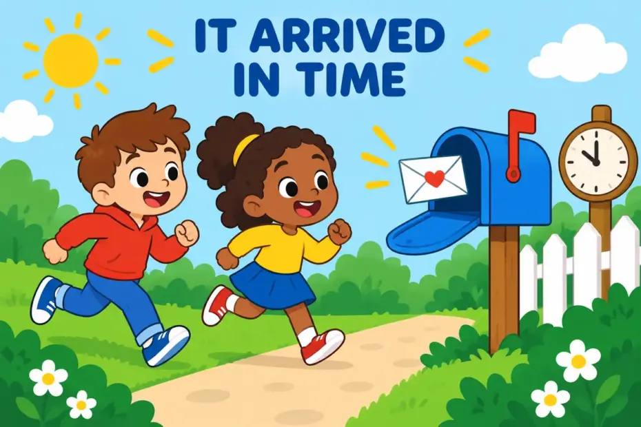 Cartoon children cheer as a letter arrives in a mailbox, showing come through in a sentence as something awaited finally arriving.