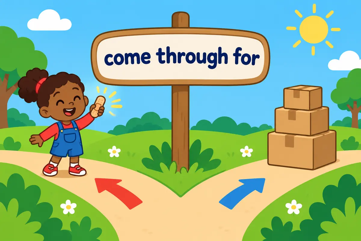 Two cartoon paths branch from the words come through, one leading to a cheering friend and one to a delivered parcel.