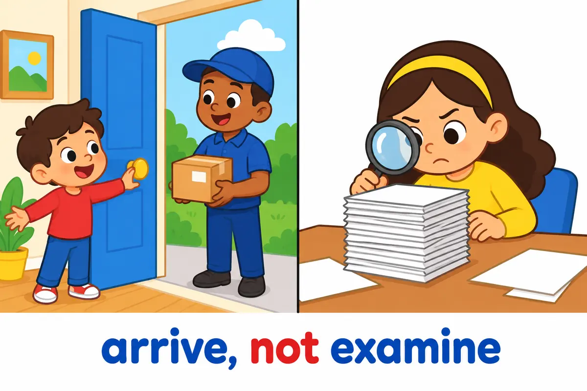 A cartoon split scene contrasts a parcel arriving at a front door with a child reading through a tall stack of papers.
