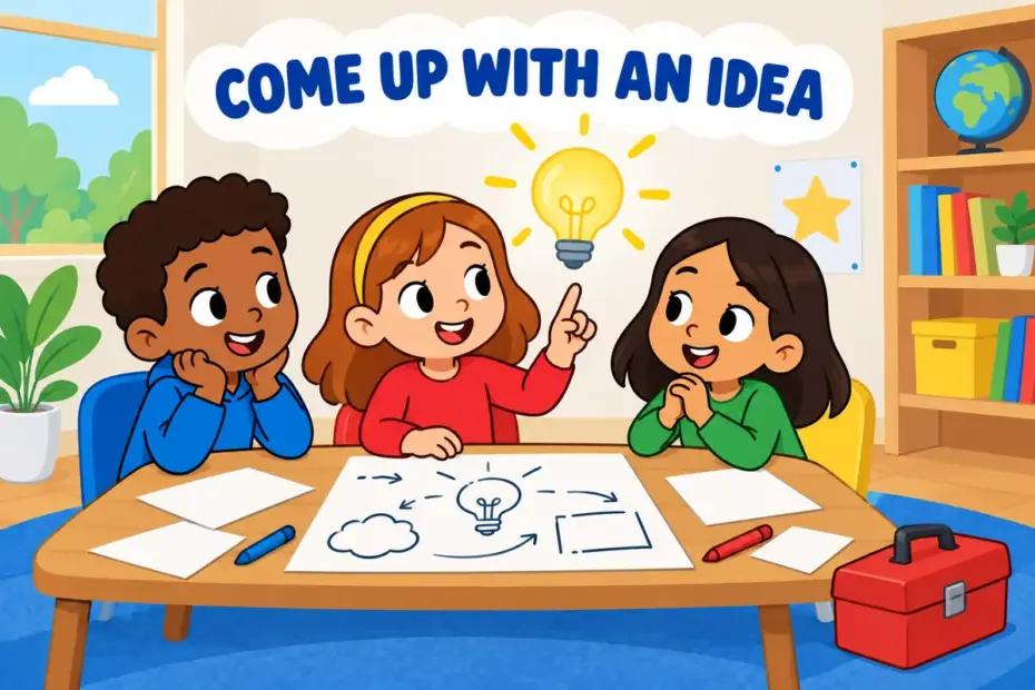 Cartoon children gather around a light bulb, illustrating come up with in a sentence as inventing a fresh idea.
