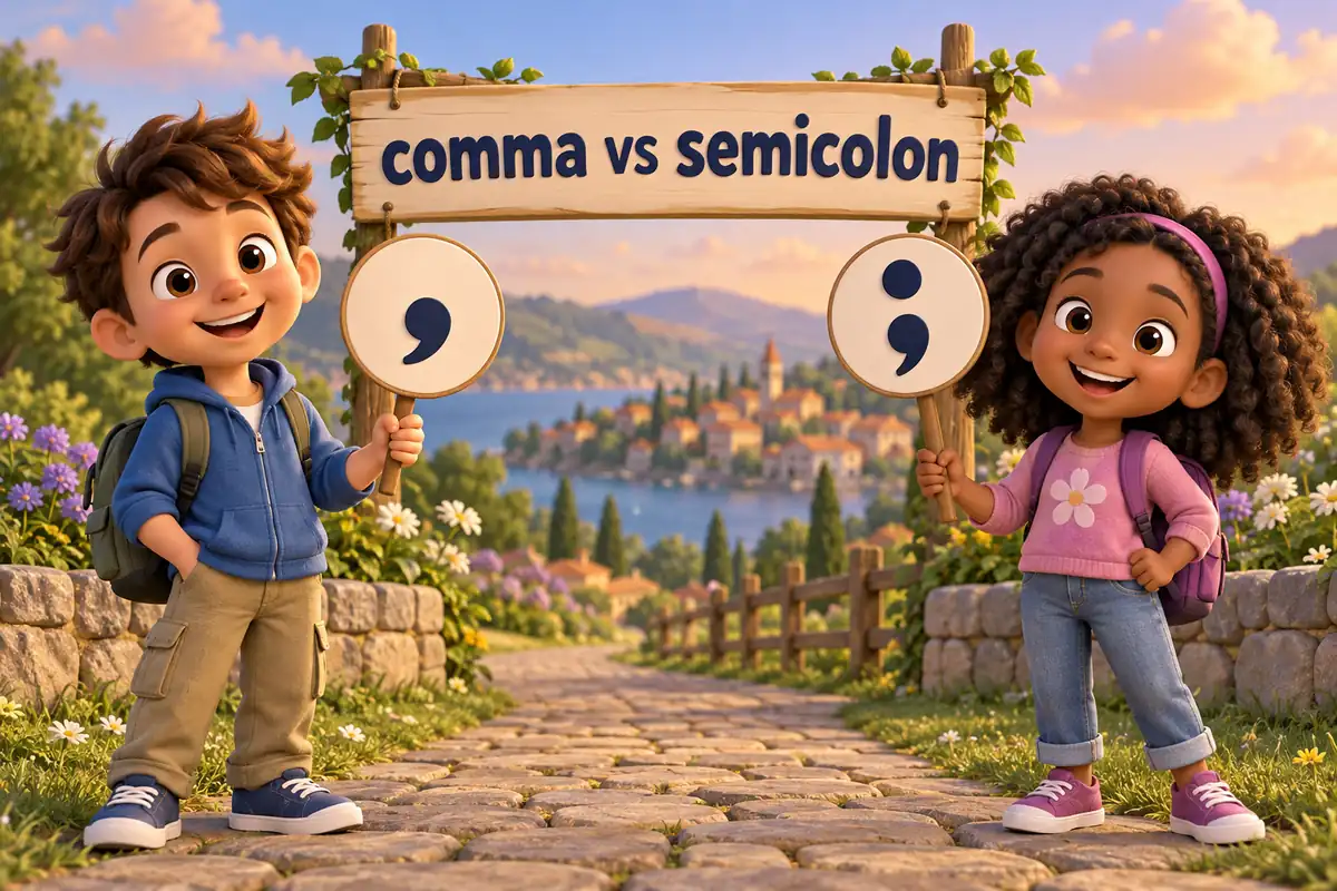 Cartoon children show comma vs semicolon with a small curve sign beside a heavier stop sign.