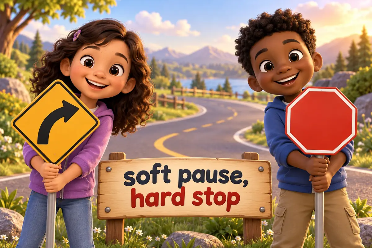 Two cartoon children hold road signs, one showing a small curve and the other a full stop.