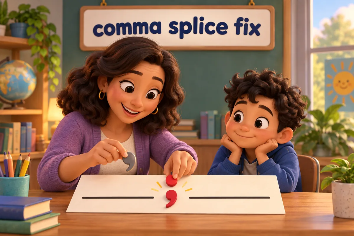 A cartoon teacher repairs a sentence card by swapping a comma for a semicolon.