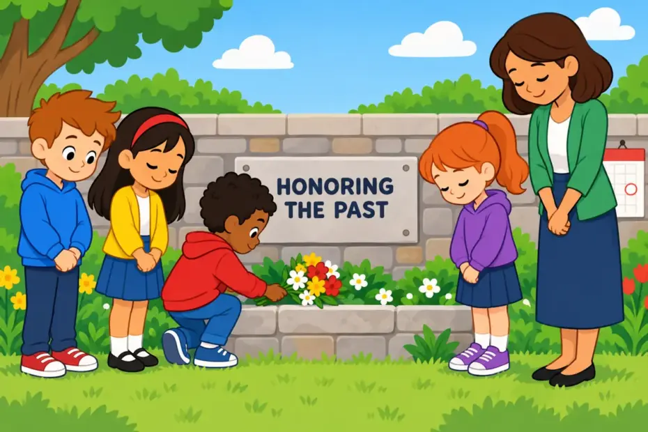 Cartoon pupils lay flowers at a school memorial plaque, showing commemorate in a sentence as public honoring.
