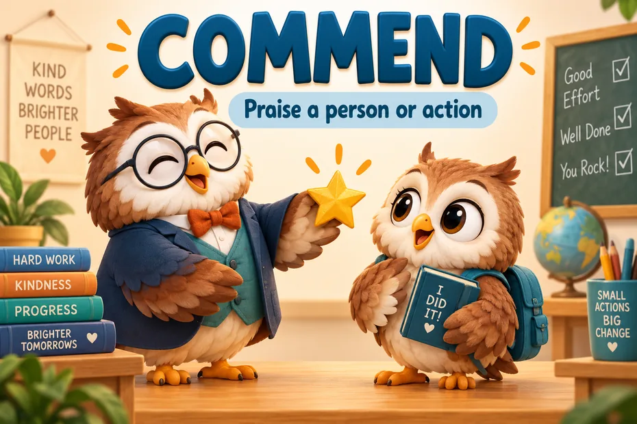 Commend means praise a person or action.