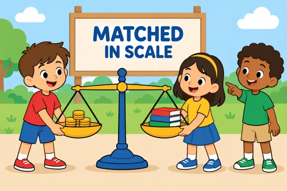 Cartoon balance scales hold coins on one side and a stack of books on the other, showing commensurate in a sentence.