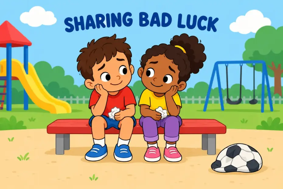 Cartoon children sit together on a bench looking sympathetic, showing commiserate in a sentence as sharing a disappointment.