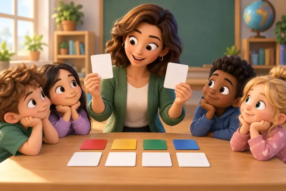 A teacher compares blank word cards beside colored tiles.