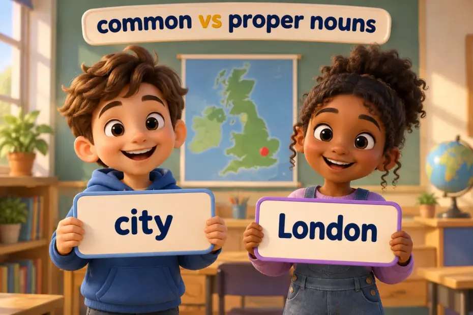 Cartoon children show common nouns vs proper nouns with a card reading city beside a card reading London.