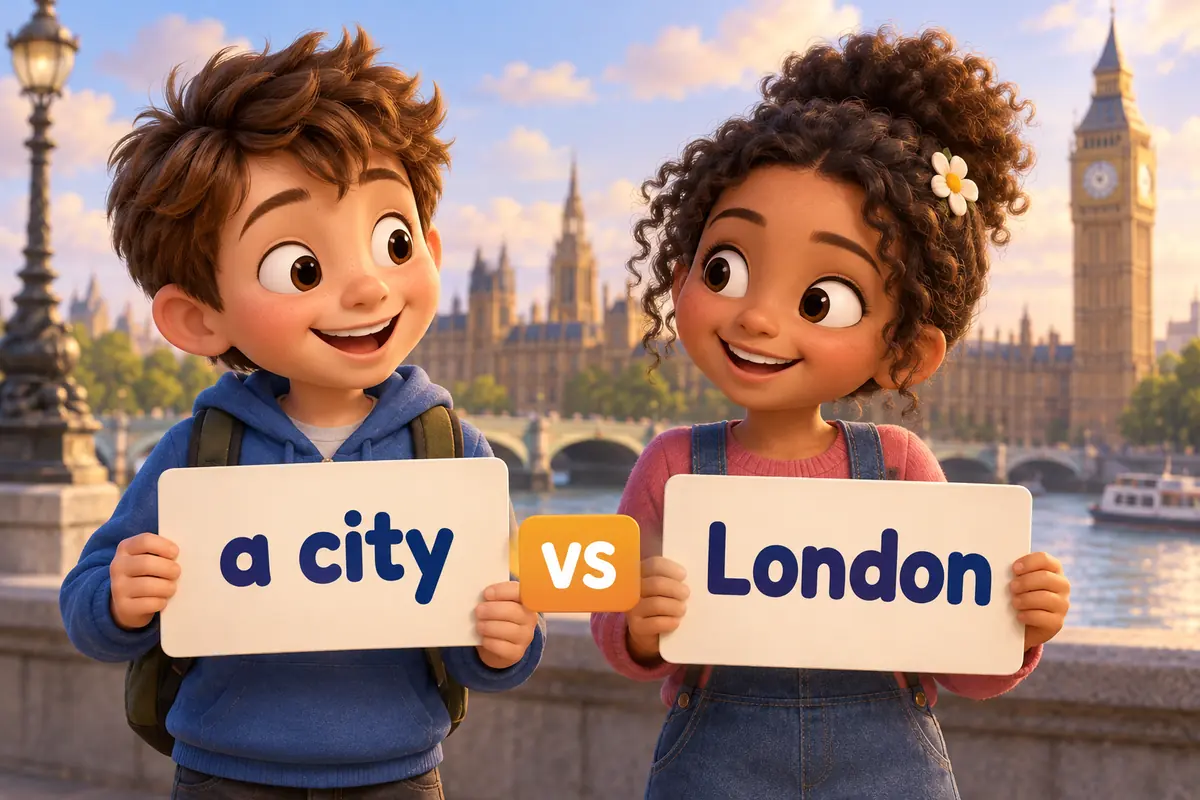 Two cartoon children hold label cards, one reading city and the other London in capitals.
