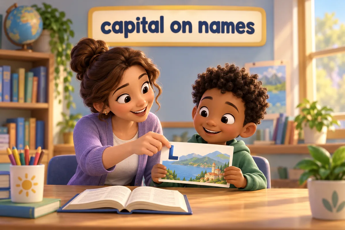 A cartoon teacher corrects a card by adding a capital letter to a place name.