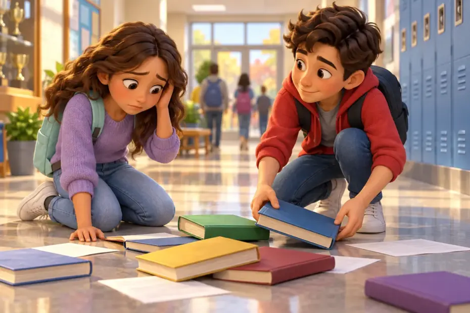 One child listens kindly to a classmate and offers a helping hand.