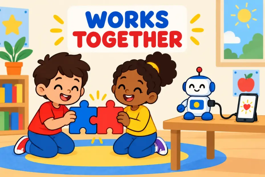 Cartoon children join two puzzle pieces beside a device, showing compatible in a sentence as fitting together.