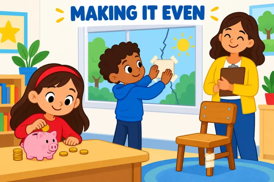 Cartoon children replace a cracked window and add coins from a piggy bank, showing compensate in a sentence as paying for a loss.