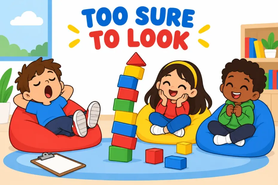 Cartoon children relax beside a wobbling tower of blocks, showing complacent in a sentence as smug inattention to risk.