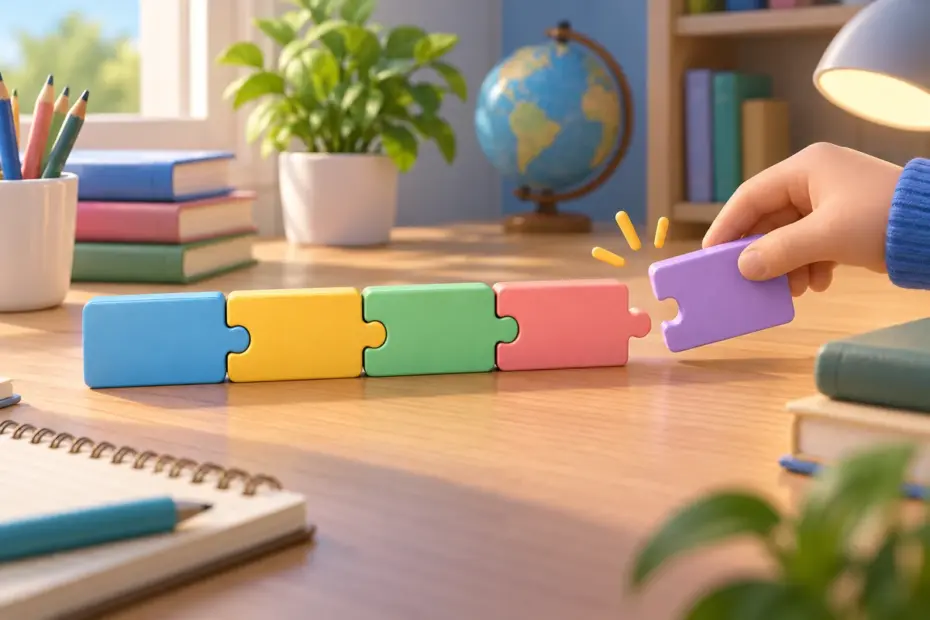 Colorful blank grammar tiles fit together into a complete sentence.