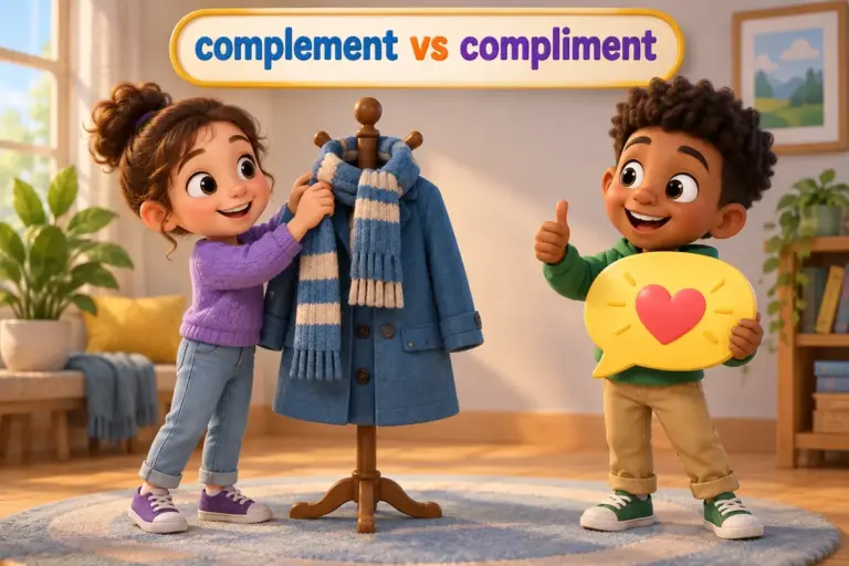 Cartoon children show complement vs compliment with a matched outfit beside a speech bubble of praise.