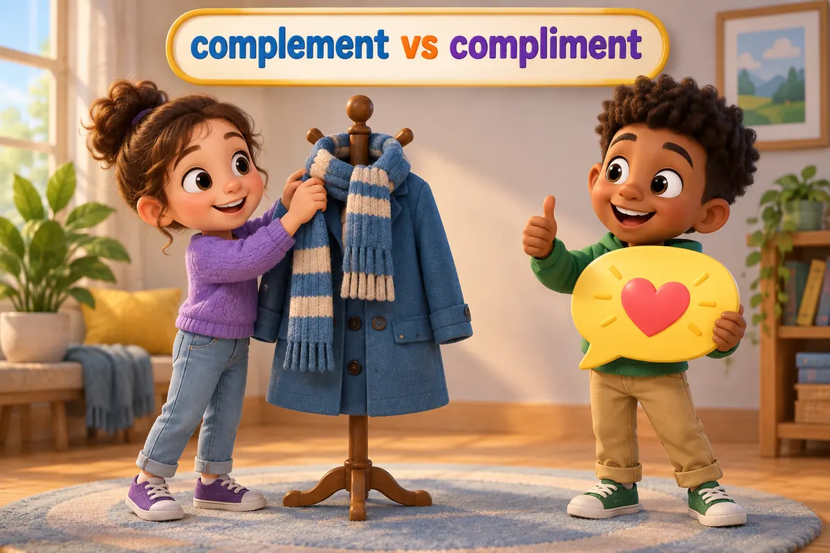 Cartoon children show complement vs compliment with a matched outfit beside a speech bubble of praise.