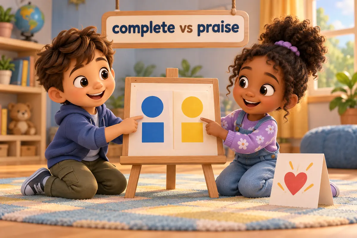 Two cartoon children compare a matching outfit on one side and a happy thank-you card on the other.