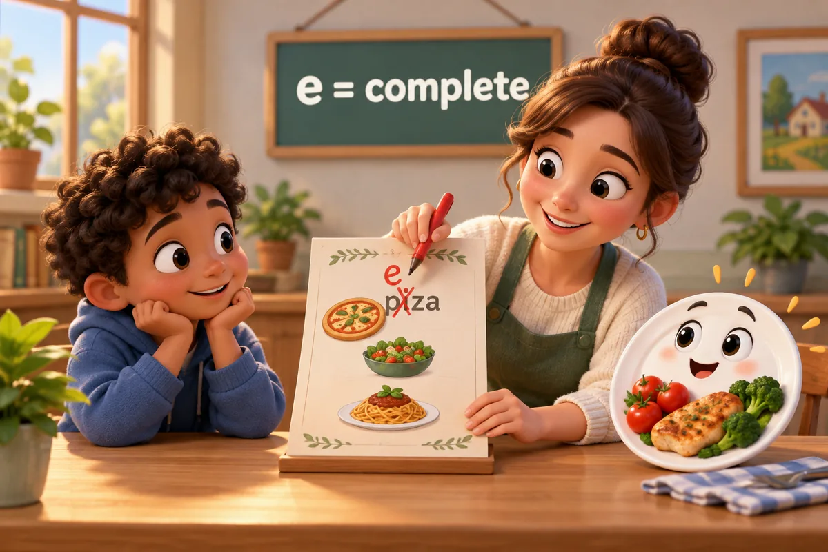 A cartoon teacher corrects a menu card, swapping an i for an e beside a plate of food.