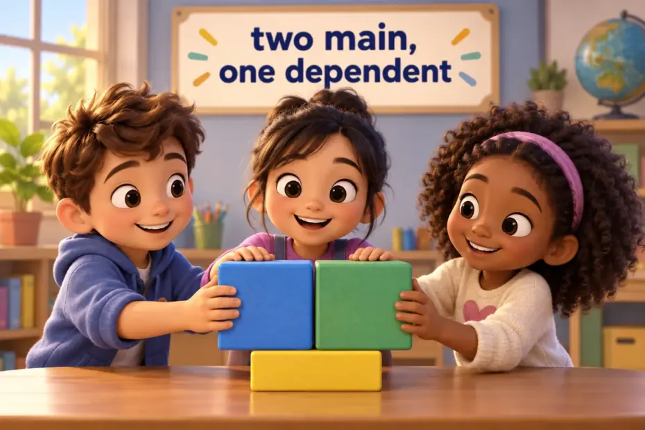 Cartoon pupils build complex and compound complex sentences examples from clause blocks on a classroom board.