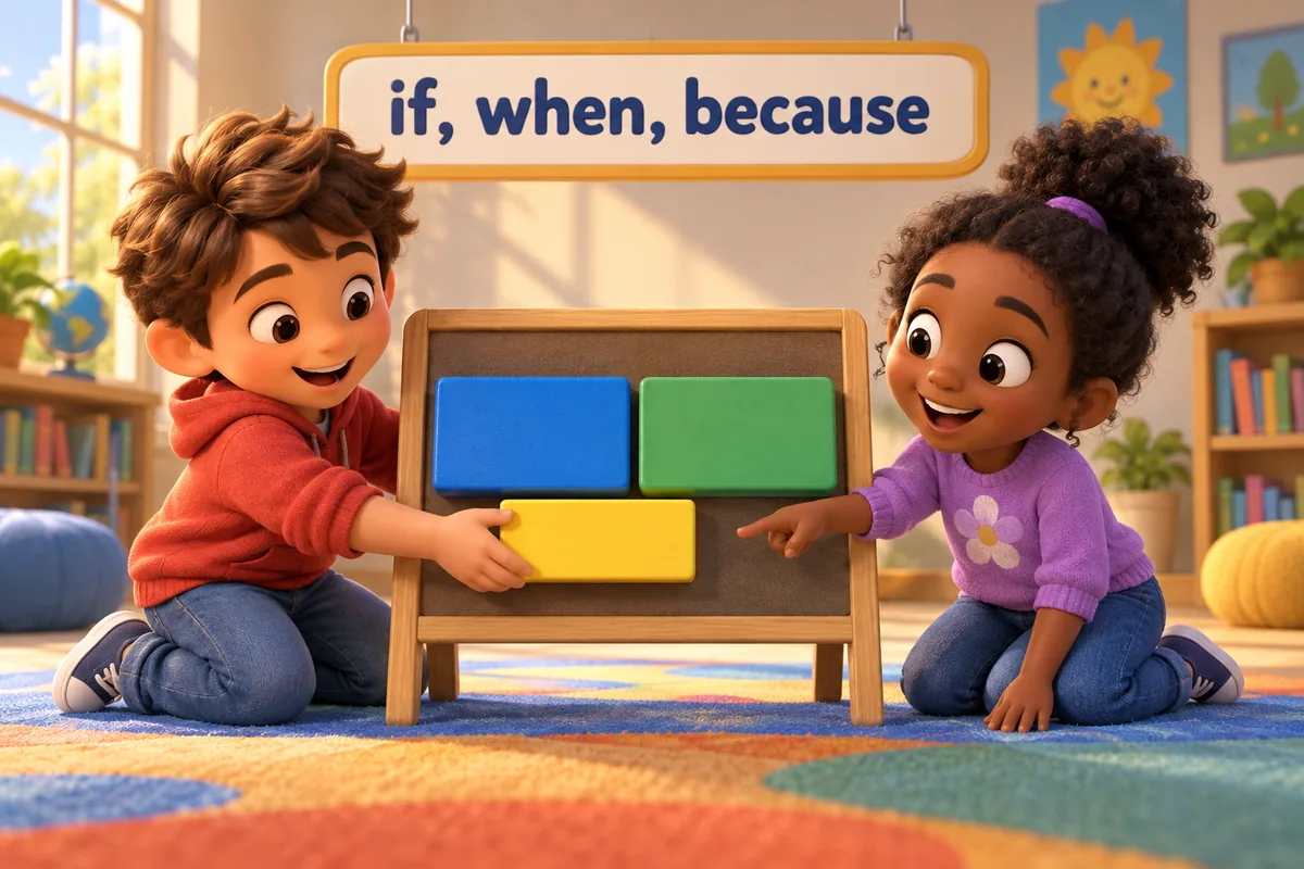 Cartoon pupils place a dependent clause block under two independent clause blocks on a classroom board.