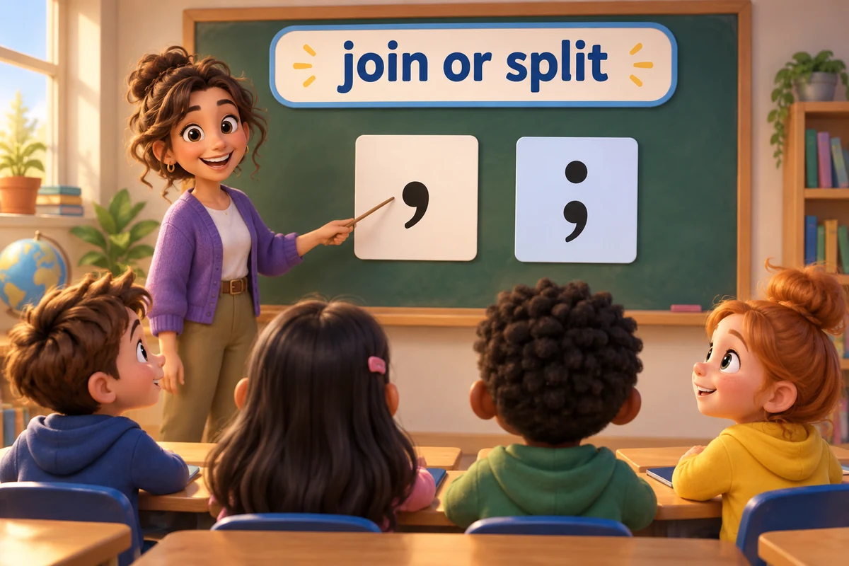 Cartoon teacher marks a comma splice on a board beside two separate clause cards.
