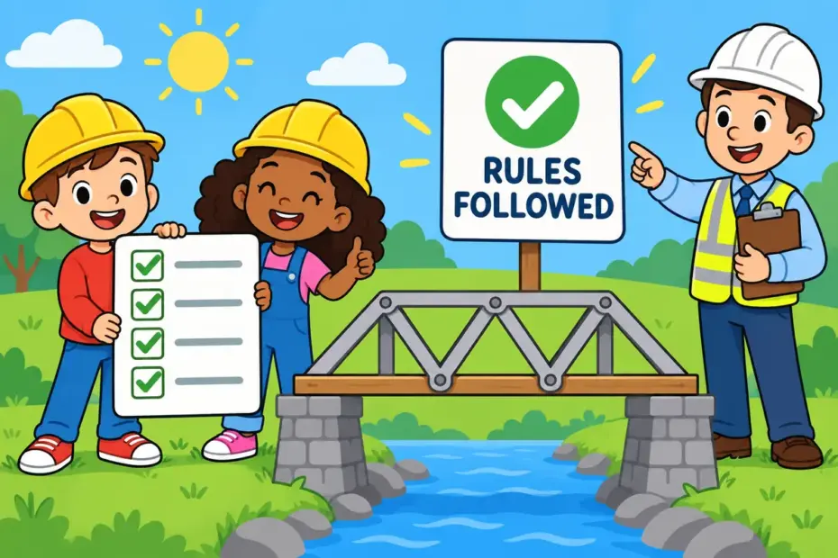 Cartoon children bridge inspectors tick boxes on a safety checklist, showing compliant in a sentence as meeting a rule.