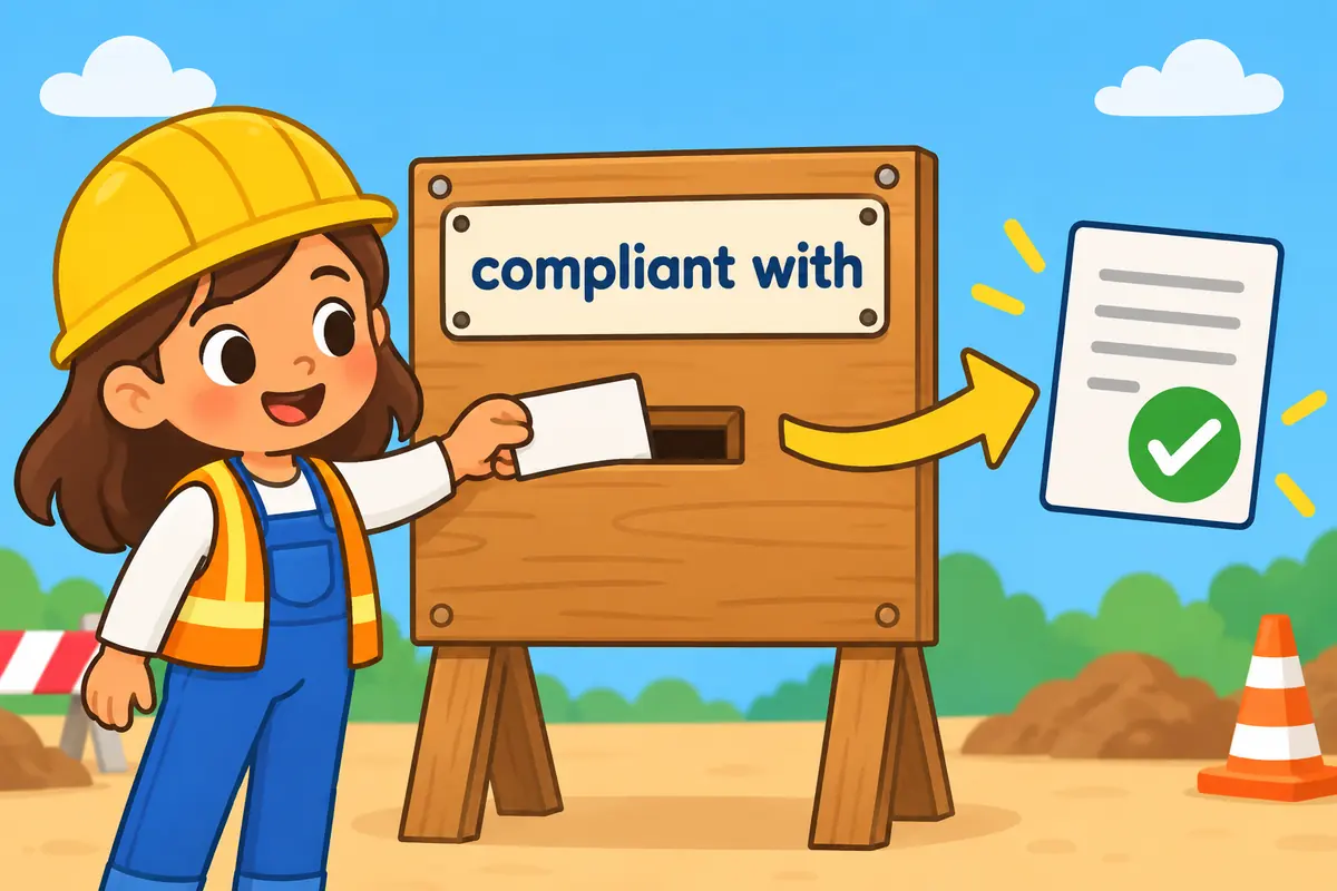 A cartoon girl in a hard hat places a card reading with into a slot beside the word compliant on a checklist board.