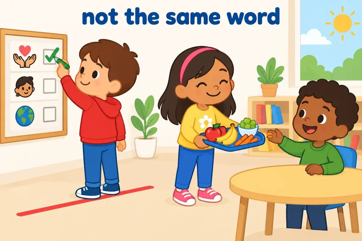 A cartoon shows a child happily following a labelled safety rule with a child politely offering a tray of snacks.