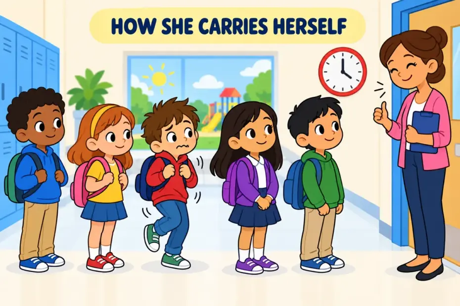 A cartoon pupil stands calmly and politely in a queue, showing comport in a sentence as carrying oneself well.