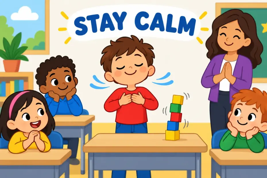 Cartoon children watch a classmate take a deep breath before answering, showing composure in a sentence as calm under pressure.