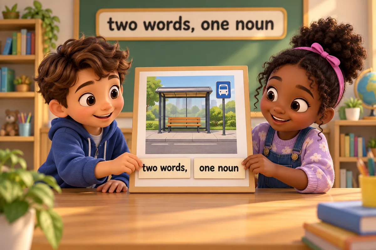 Cartoon children place two word cards under one picture of compound nouns in English on a classroom table.