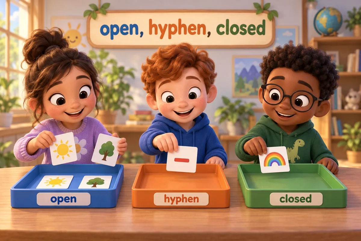 Cartoon children sort a bus stop sign and a toothpaste tube into three labelled trays for open, hyphenated and closed.