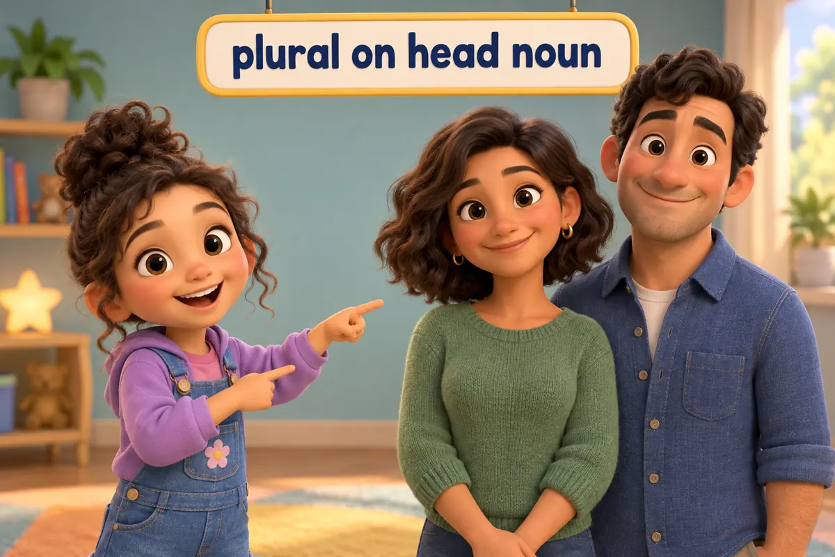 Cartoon child counts two mother-in-law figures while a label shows the plural on the first word.