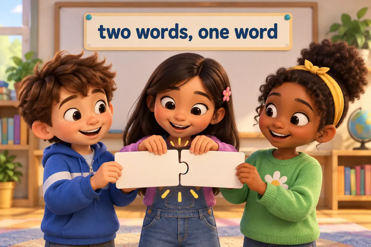 Cartoon children build compound words in English with 1000 examples on a wall chart, joining word cards.